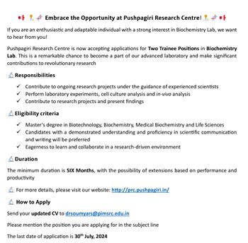 Trainee Positions in Biochemistry Lab.